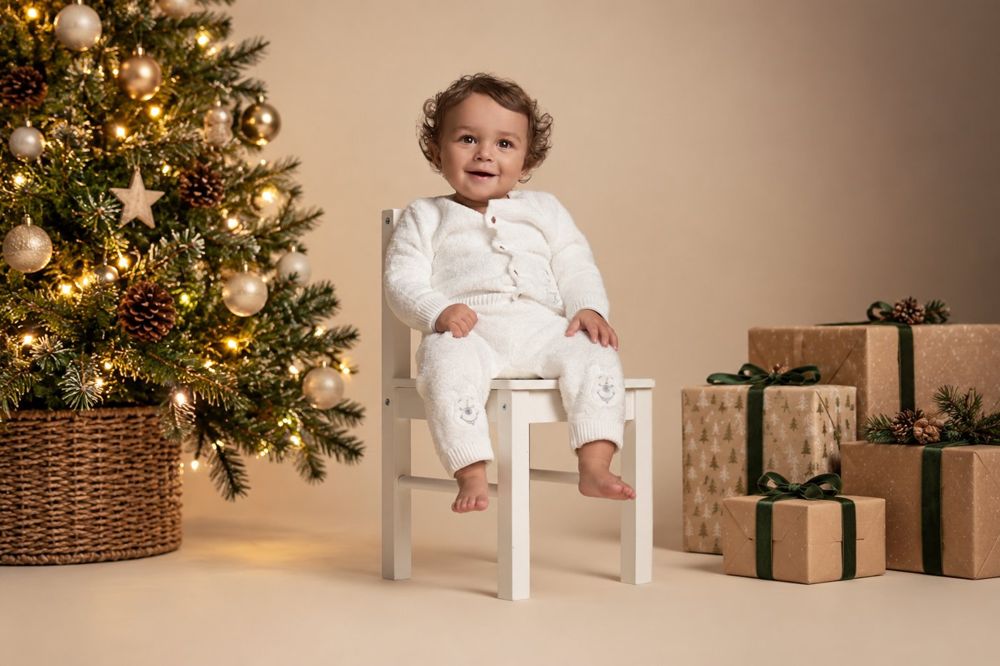 A child smiling on a white chair beside a Christmas tree