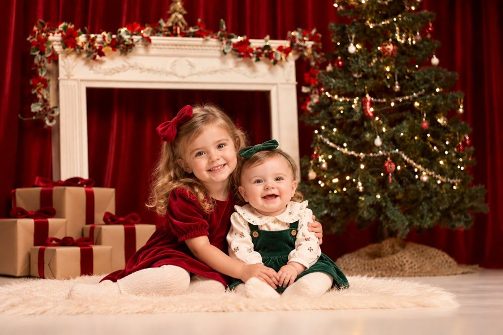 Two sisters in velvet outfits by a fireplace and Christmas tree
