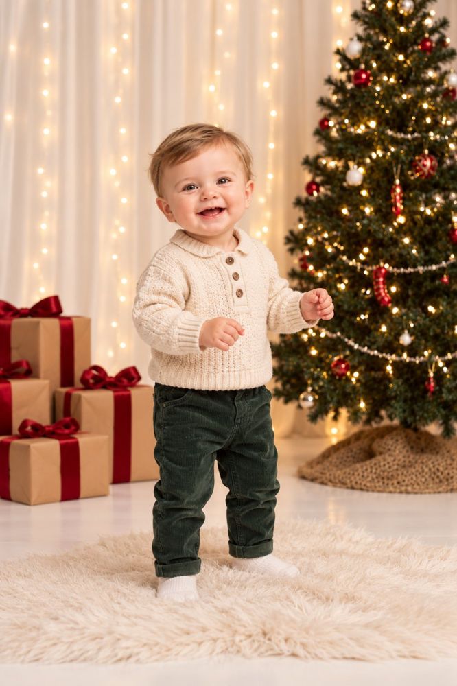 A toddler smiling in front of a lit Christmas tree and gifts